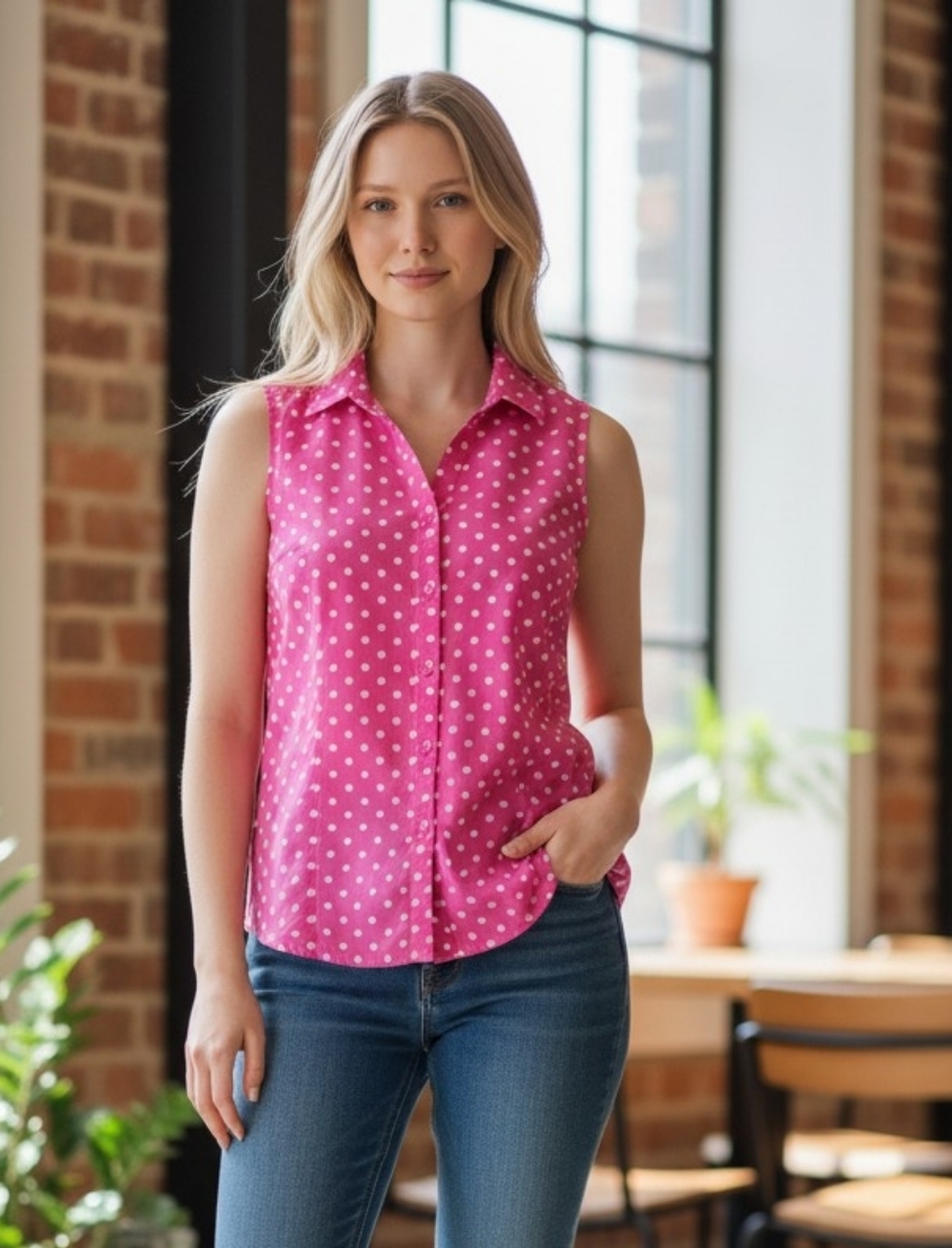 Kim Rogers Fuchsia Polka Dot Sleeveless Button-Down Shirt